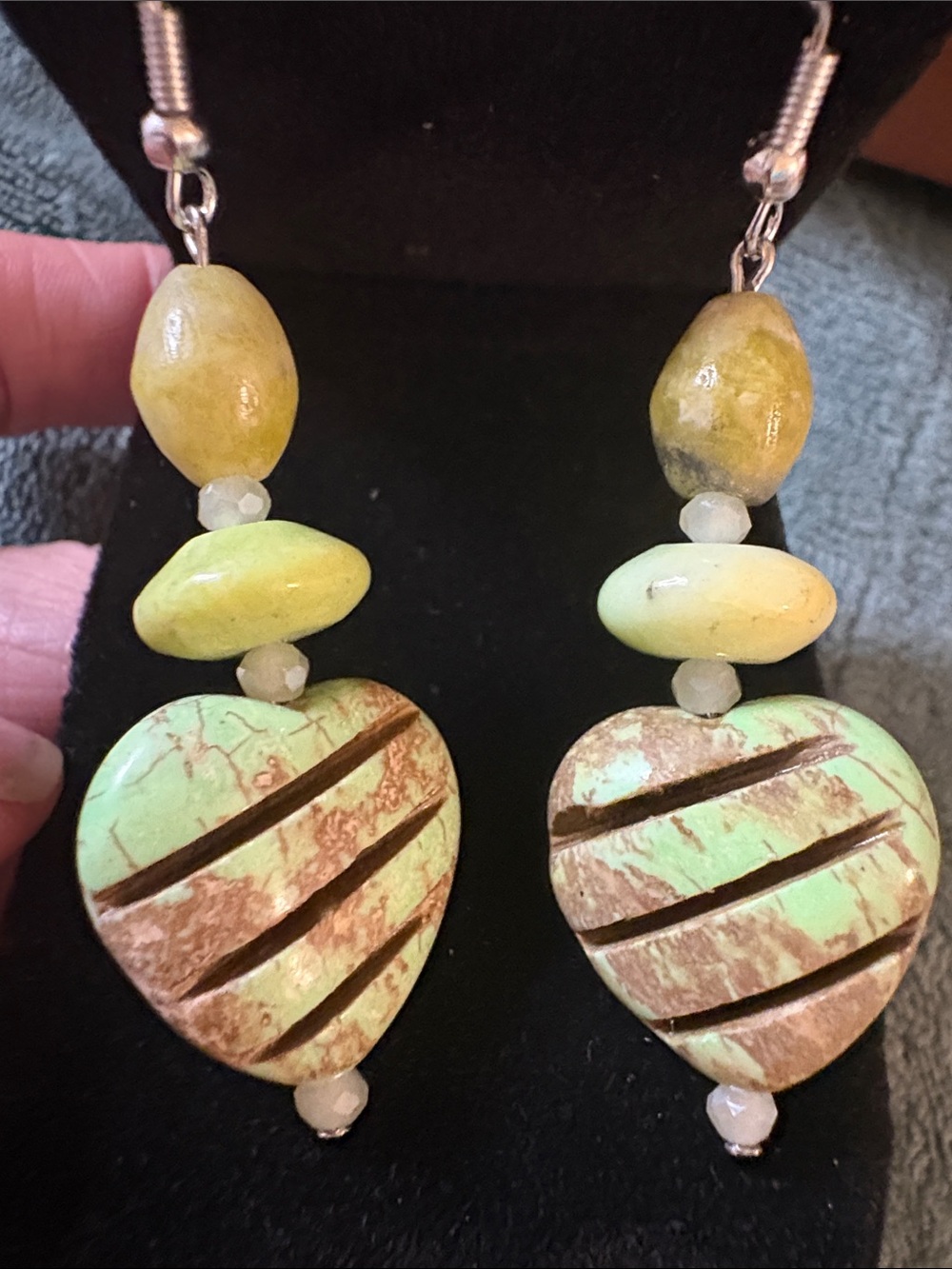 Hand Crafted Serpentine and Carved Turquoise Heart Drop Earrings - Women Jewelry